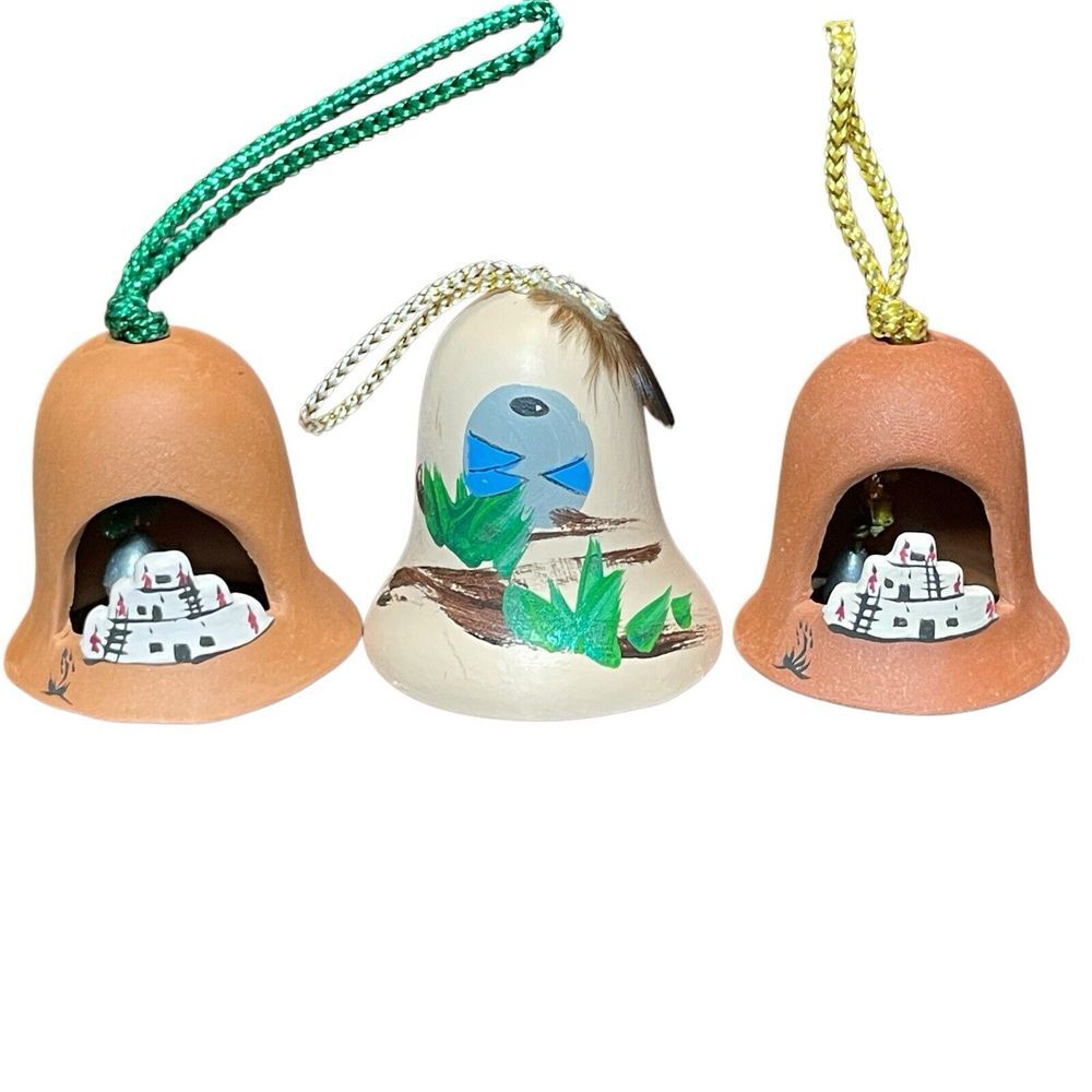 Lot of 3 Native American Southwest‎ Bell Ornaments Pottery Hand Painted 2 Signed